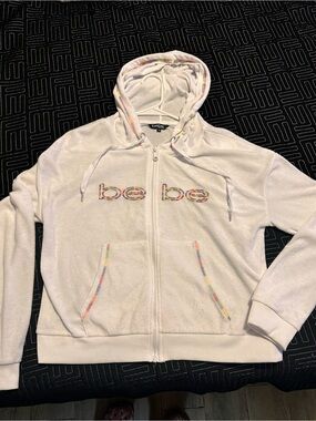 bebe White Zip Hoodie with Rainbow Trim and Logo